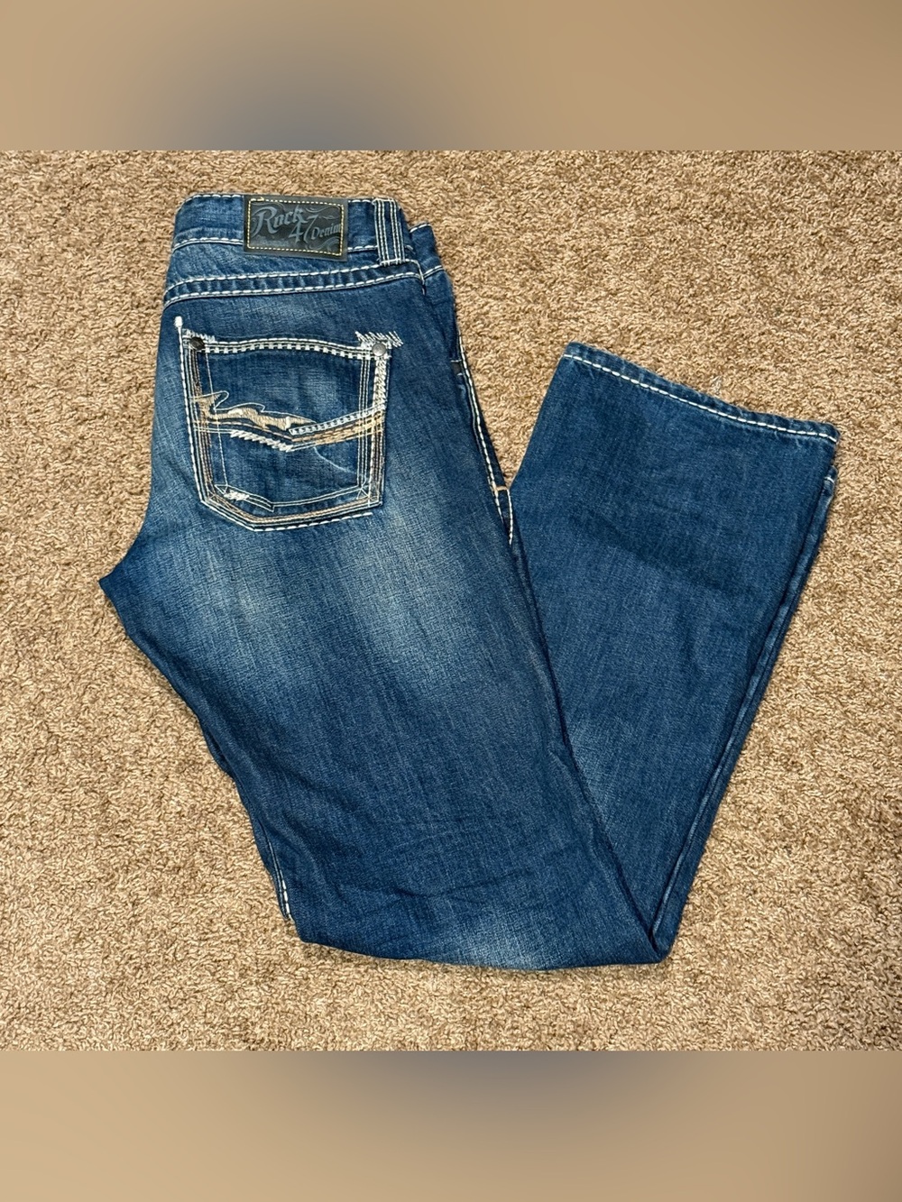 Wrangler Rock 47 Men's Bootcut Jeans 100% Cotton Thick Stitch Dark Wash 33 x 34